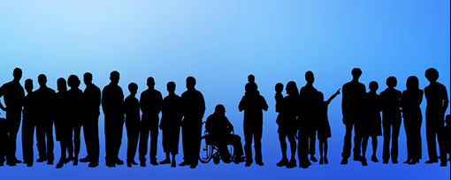 A black silhouette of many different people on a blue background.