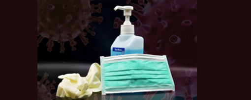 hand sanitiser, gloves and a mask