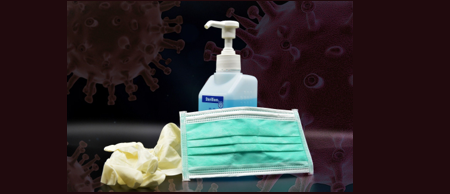 hand sanitiser, gloves and a mask